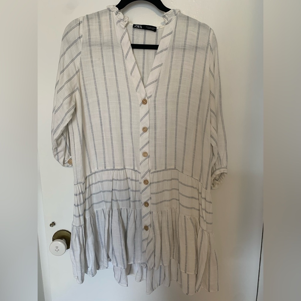 Zara Cream and Blue Striped Button-Front Tunic